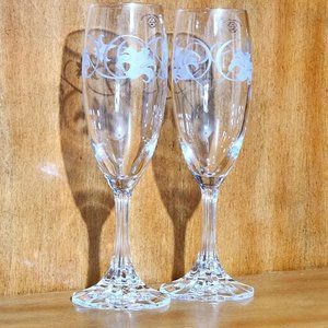 2) Avon Joyous Occasion Champagne Flutes 7.5" vintage etched lilly flowers 1995